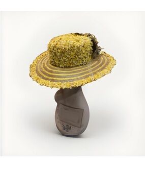 Woman’s Givoldi New York Hat Gold Wide Brim Floral Kentucky Derby Sheer Accents